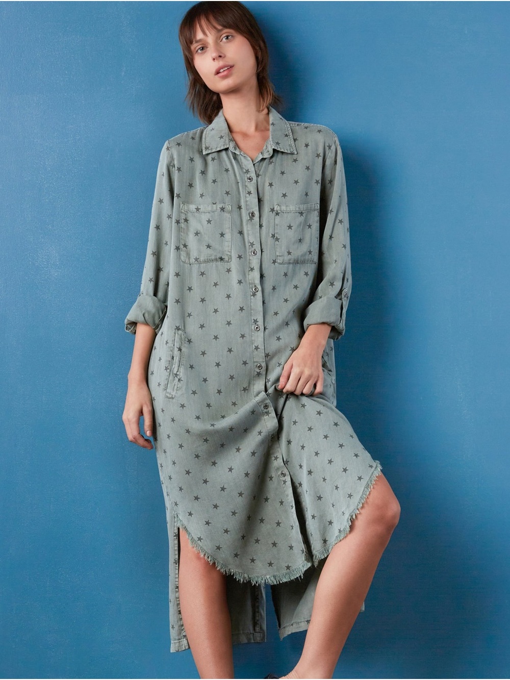 Billy T / 2-way Shirt Dress/ NWT / S/ $112/ PTP-21”/ Green Stars